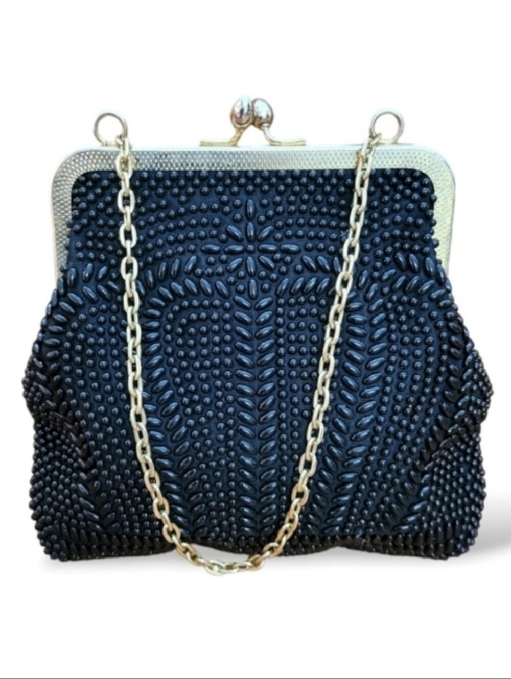 Vintage 1950s Black Beaded Evening Bag | Kiss Lock Frame Purse
